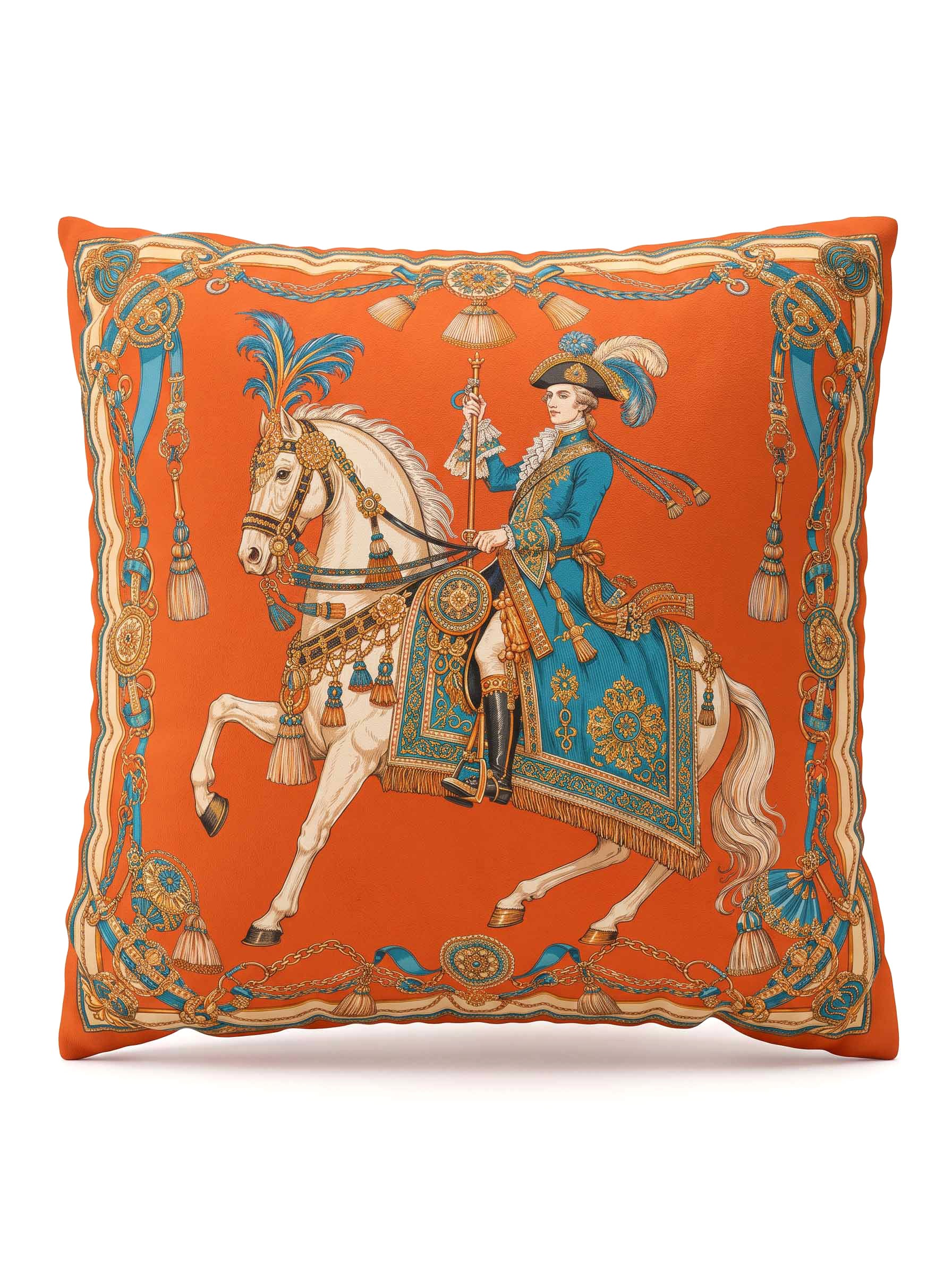 A square decorative throw pillow featuring a classic French silk print of a military officer riding a white horse against a vibrant orange background.