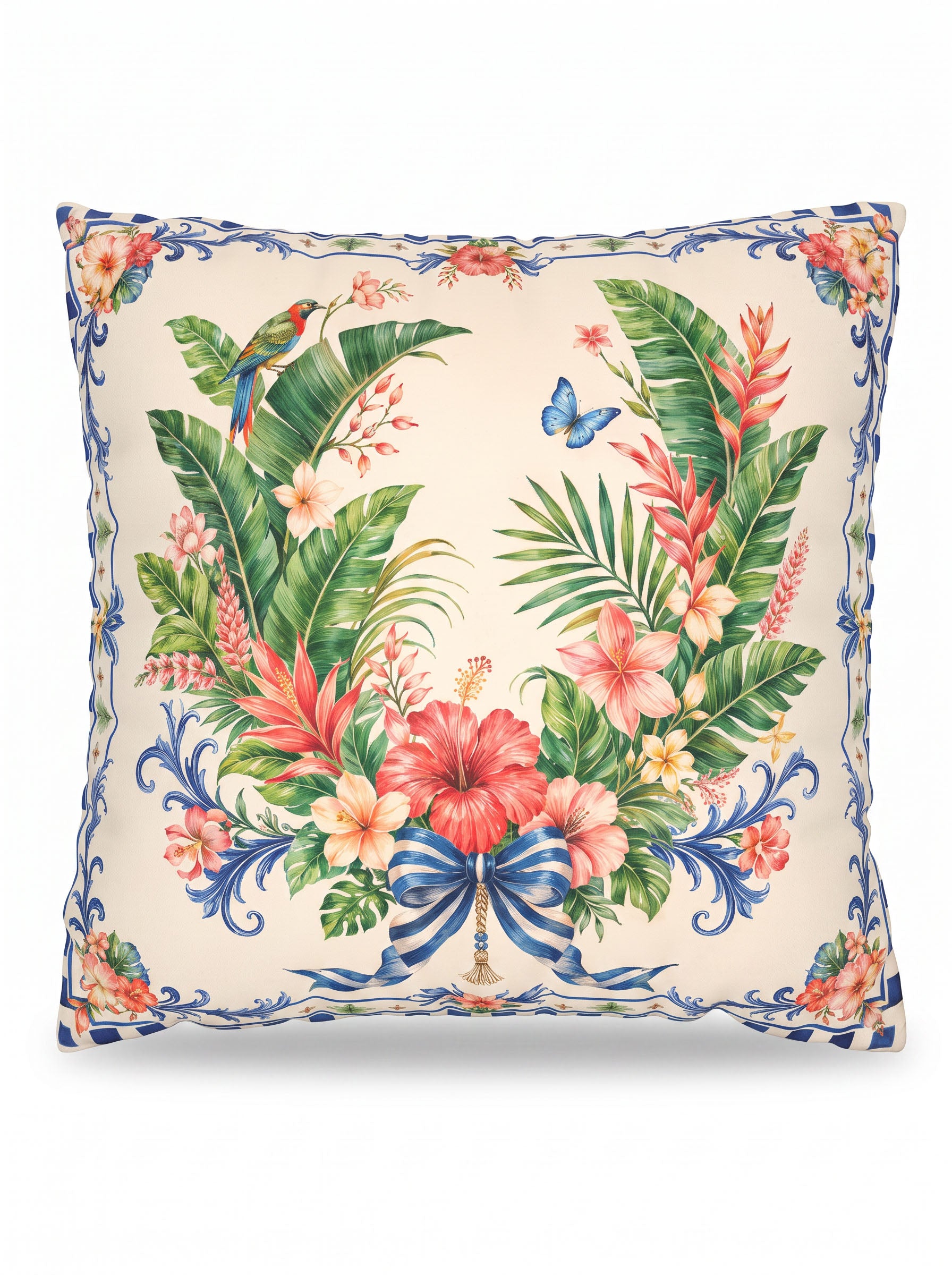 A square decorative throw pillow featuring a vibrant tropical floral and botanical print on a cream background, with a blue patterned border and a central bow motif.