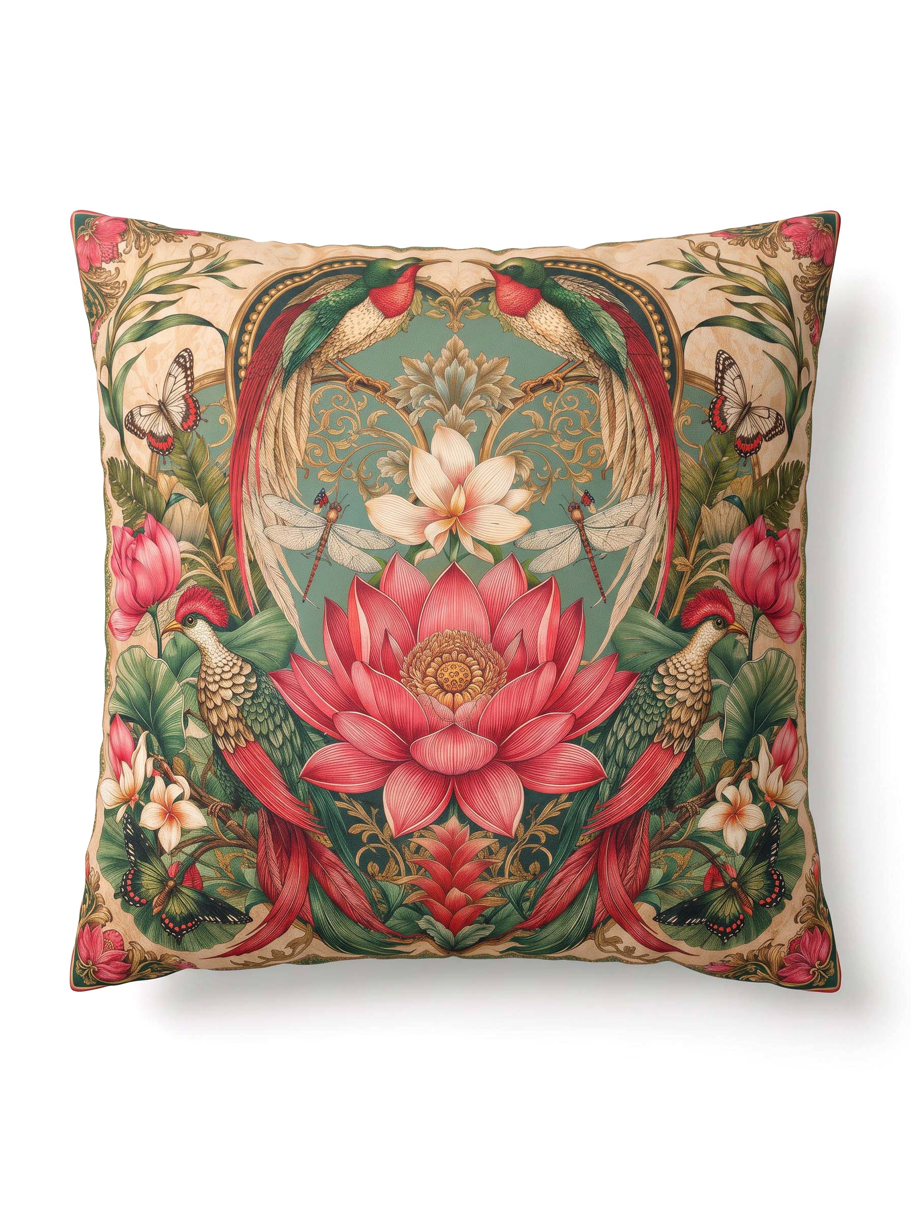 A square decorative throw pillow featuring a highly detailed, symmetrical botanical and avian tapestry-style print with a large pink lotus flower, green foliage, butterflies, and birds on a cream background.