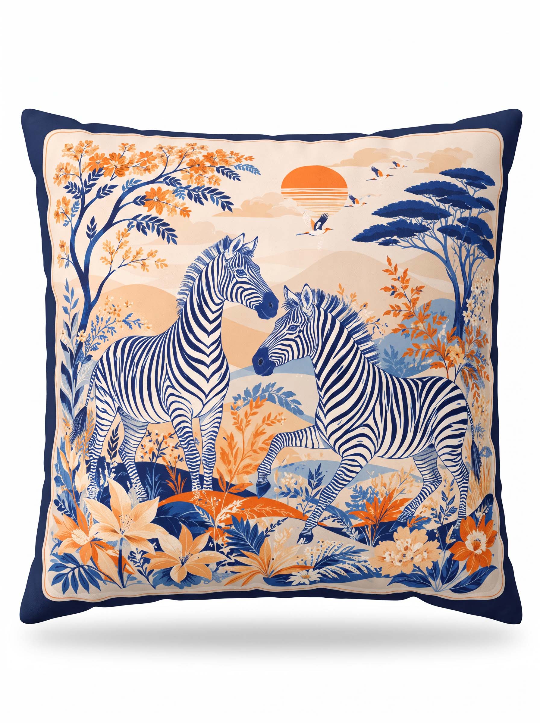 A square decorative throw pillow featuring a detailed safari illustration of two zebras, trees, flowers, birds, and a sunset in navy blue, orange, beige, and light blue.
