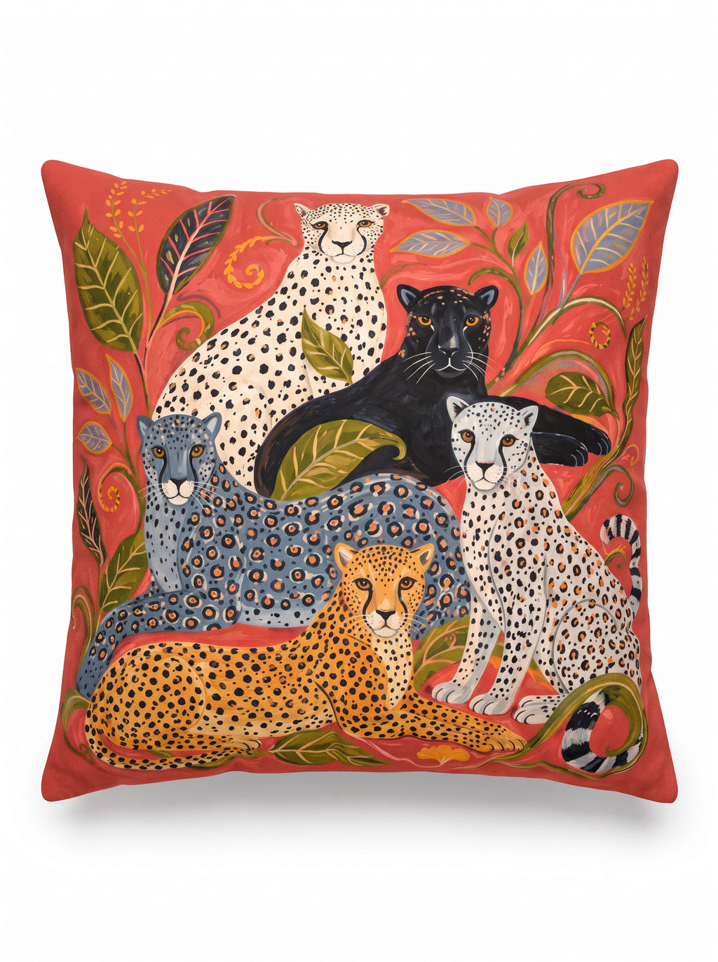 A square decorative throw pillow featuring a colorful illustration of five big cats (leopards, cheetah, black panther, white panthers) surrounded by leaves on a warm red-orange background.