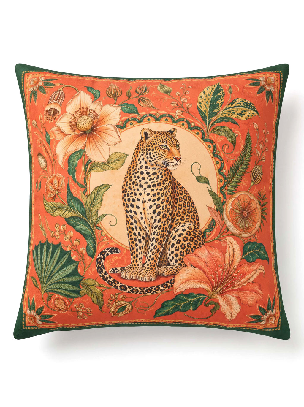 A square decorative throw pillow featuring a detailed tapestry-style print of a seated leopard surrounded by tropical flowers and leaves on a warm orange background, with a dark green border.
