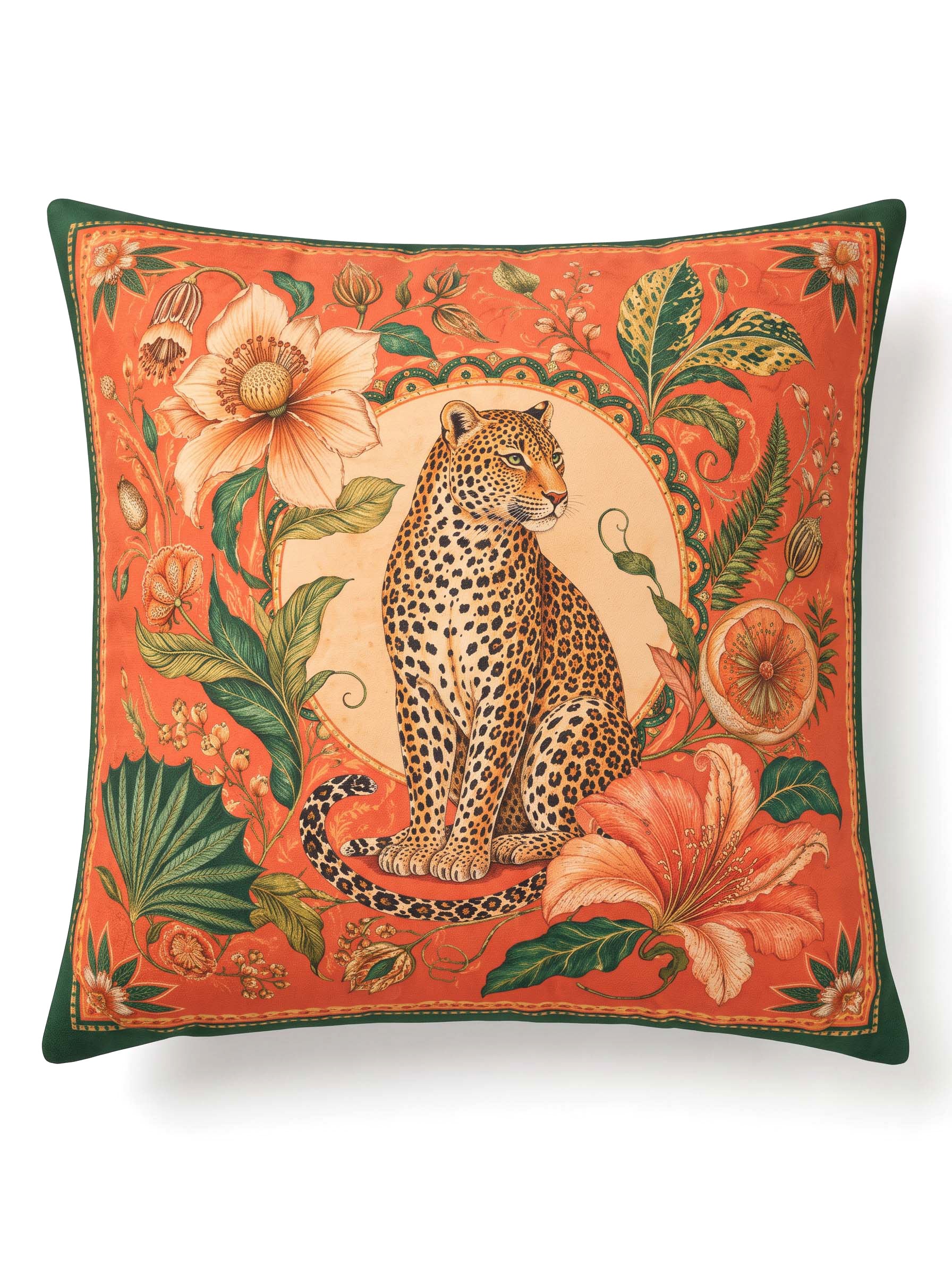 A square decorative throw pillow featuring a detailed tapestry-style print of a seated leopard surrounded by tropical flowers and leaves on a warm orange background, with a dark green border.