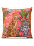 A square decorative throw pillow featuring a vibrant tropical and oriental-inspired print. The design showcases a seated cheetah on a pink background, surrounded by lush green palm leaves, pink flowers, and a classic blue-and-white porcelain-style ginger jar.