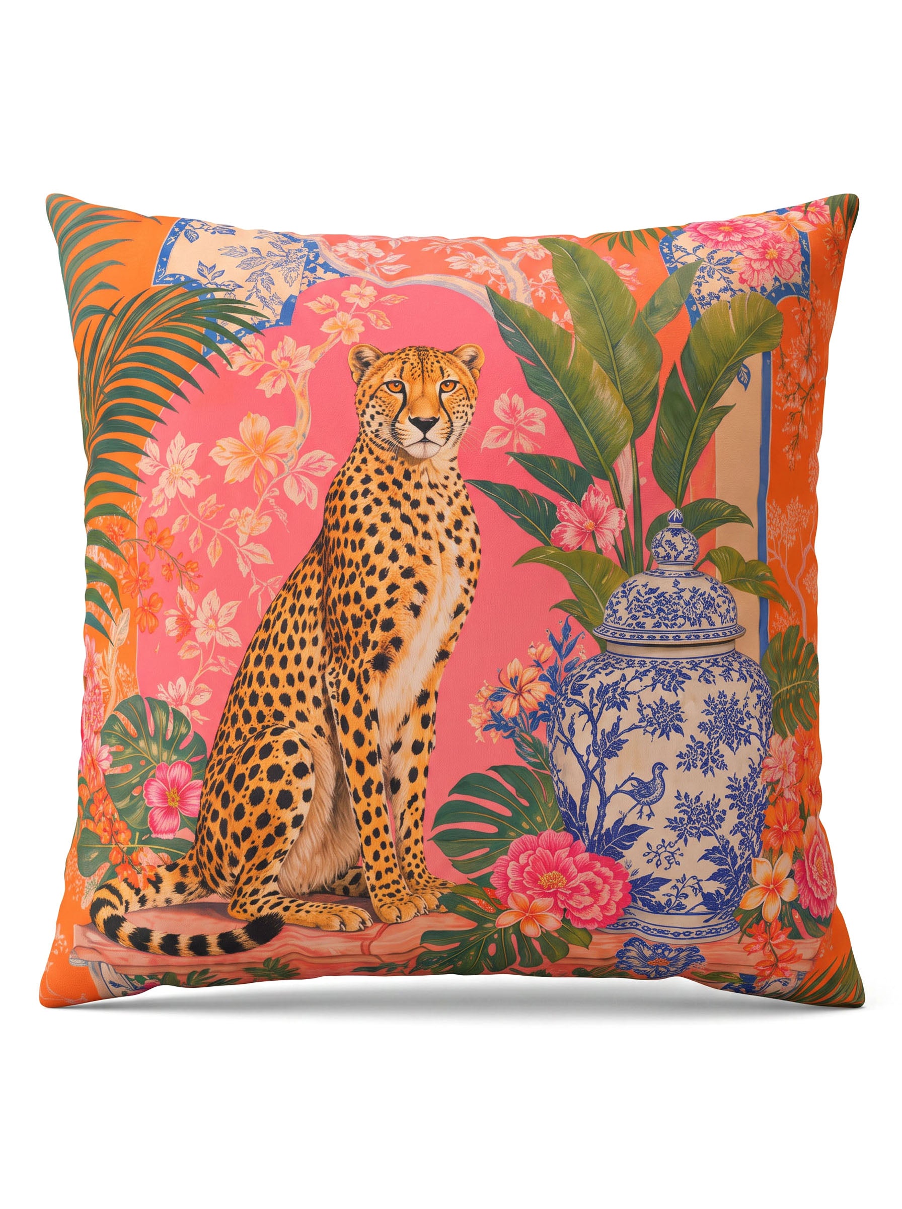 A square decorative throw pillow featuring a vibrant tropical and oriental-inspired print. The design showcases a seated cheetah on a pink background, surrounded by lush green palm leaves, pink flowers, and a classic blue-and-white porcelain-style ginger jar.