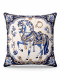 A square decorative throw pillow featuring an ornate blue and gold illustration of a horse on an ivory background, surrounded by a navy blue floral border.