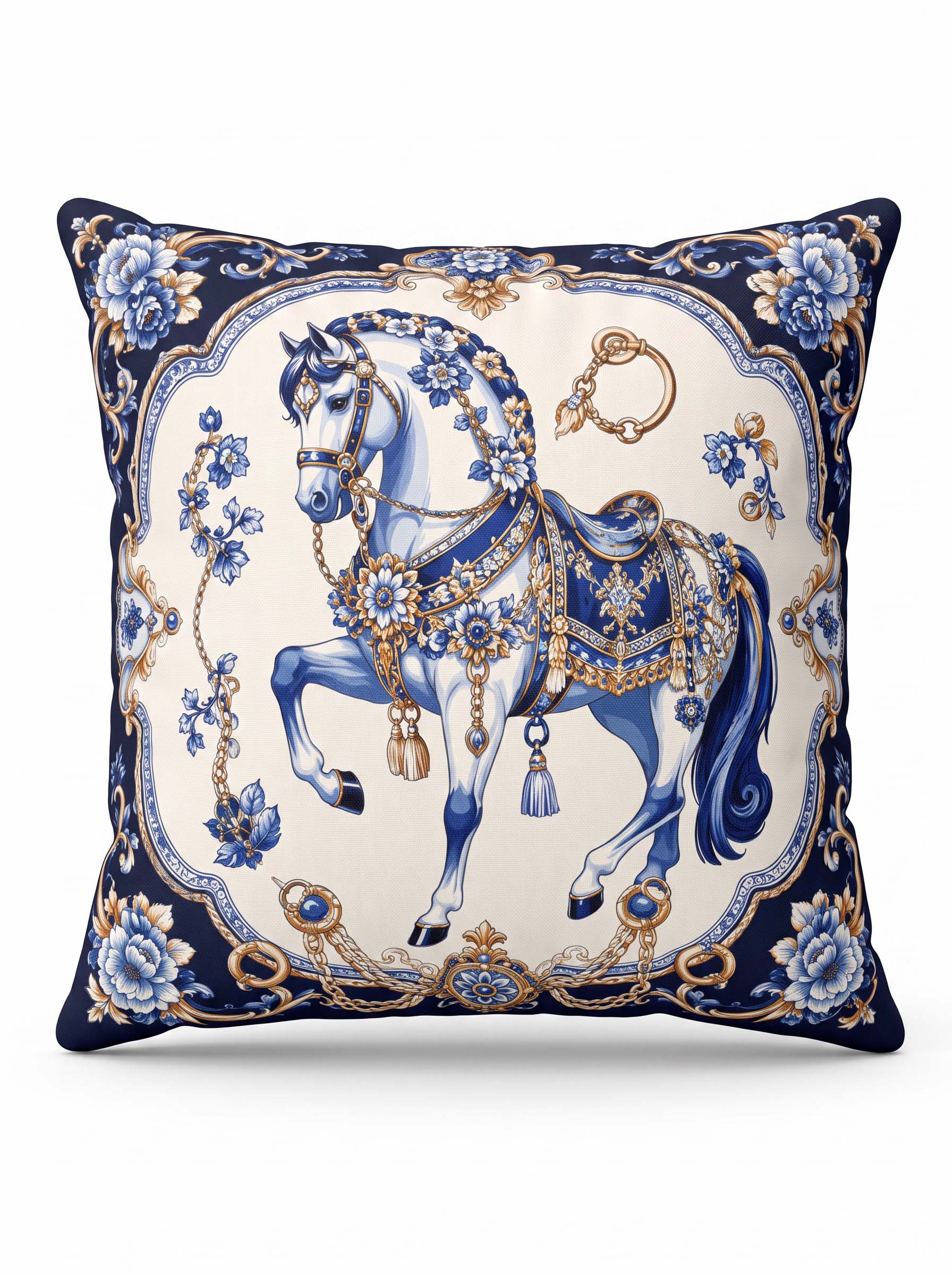 A square decorative throw pillow featuring an ornate blue and gold illustration of a horse on an ivory background, surrounded by a navy blue floral border.