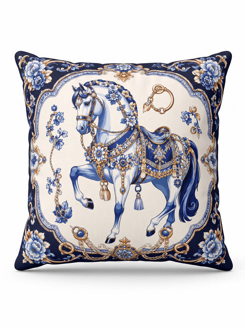 A square decorative throw pillow featuring an ornate blue and gold illustration of a horse on an ivory background, surrounded by a navy blue floral border.