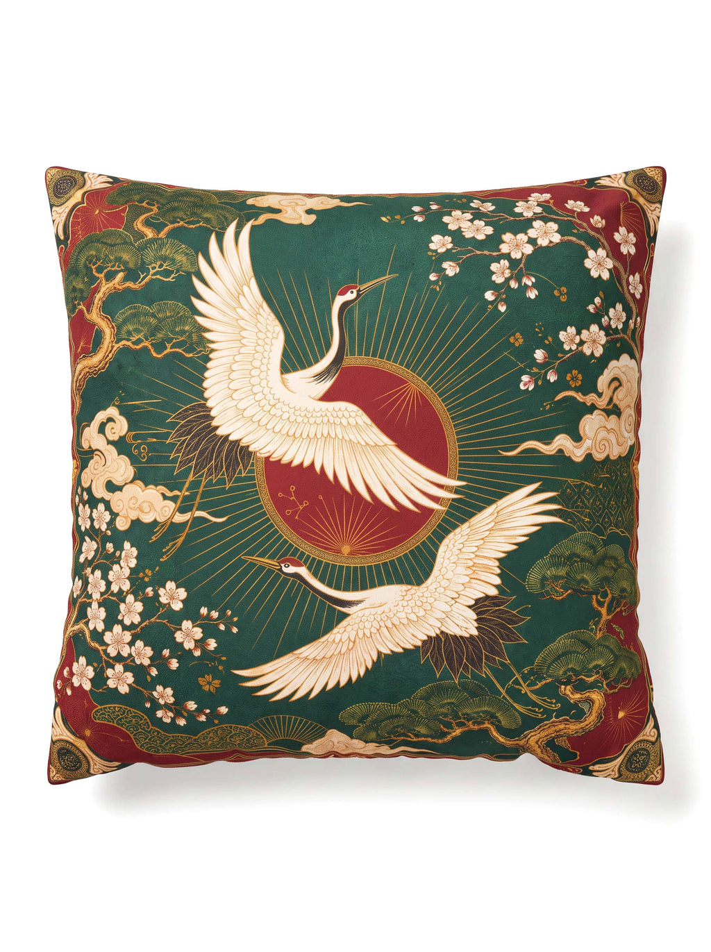 A square decorative throw pillow featuring a traditional Japanese-style print with two white cranes, cherry blossoms, clouds, and a red sun motif on a dark green background.