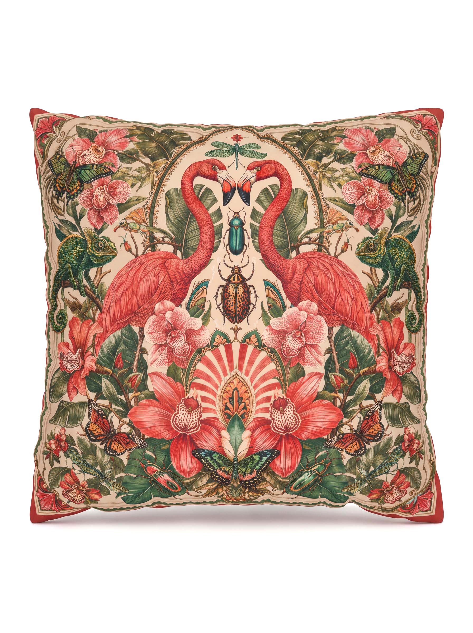 A square decorative throw pillow featuring a detailed tapestry-style print of two pink flamingos, pink flowers, green foliage, and butterflies on a cream background.