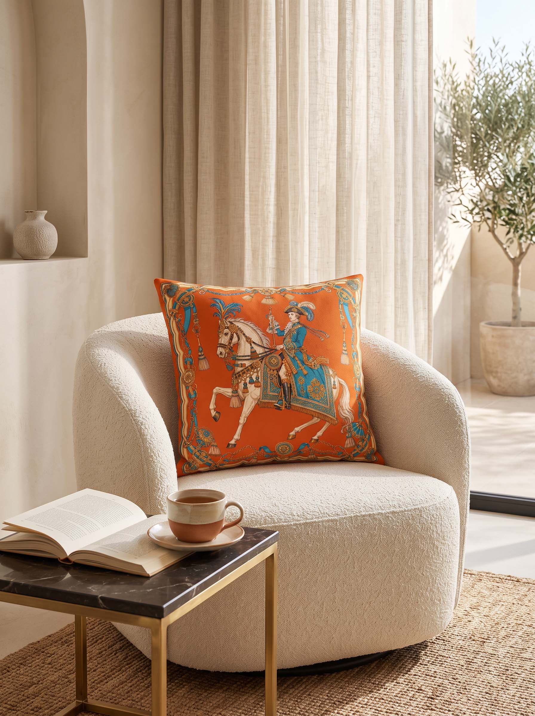 An orange square throw pillow with a detailed blue, gold, and brown equestrian pattern, styled on a cream-colored armchair in a bright, modern living room setting.
