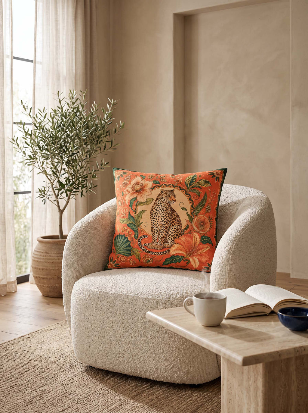 A decorative throw pillow with a vibrant orange and green tropical floral print and a central leopard motif, styled on a cream boucle armchair in a warm, modern living room setting.