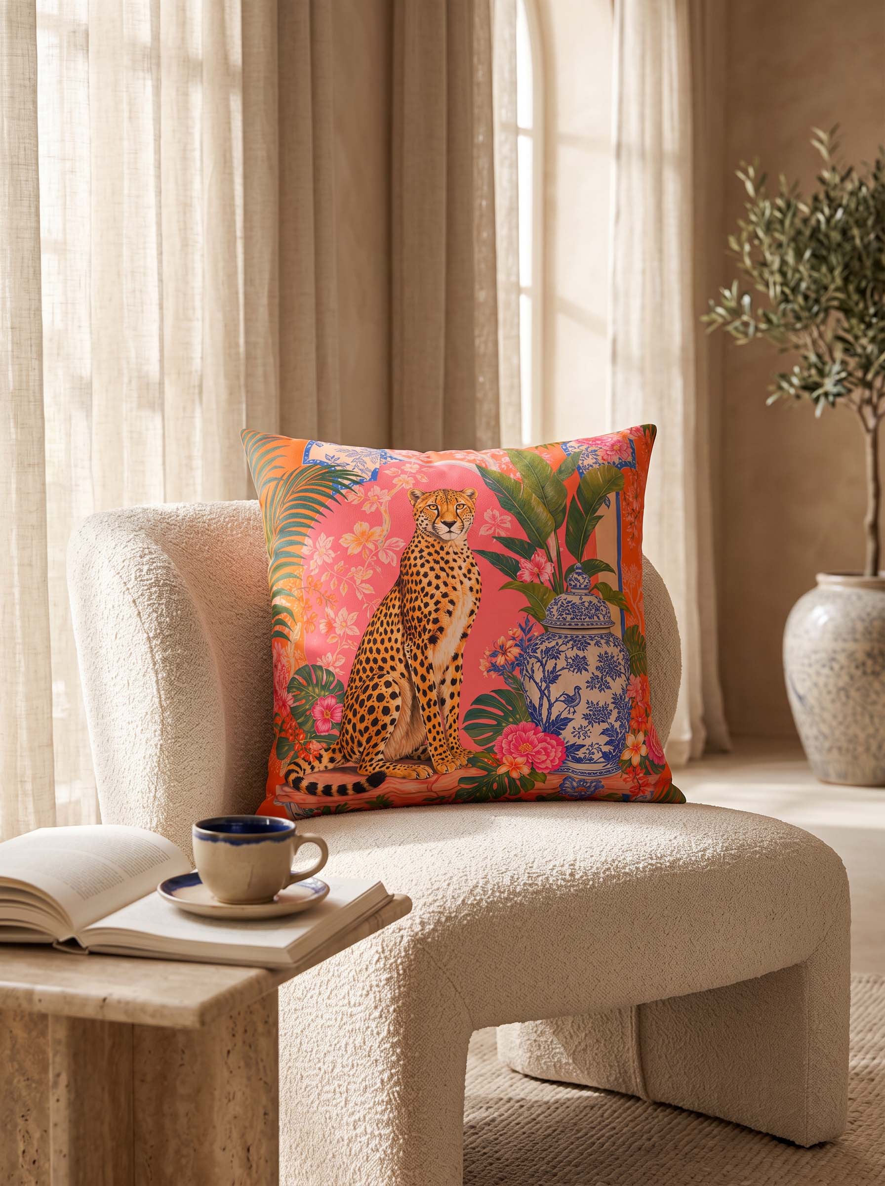 A square decorative throw pillow with a vibrant tropical print featuring a cheetah, flowers, and a blue porcelain pot, styled on a cream boucle armchair in a sunlit room.