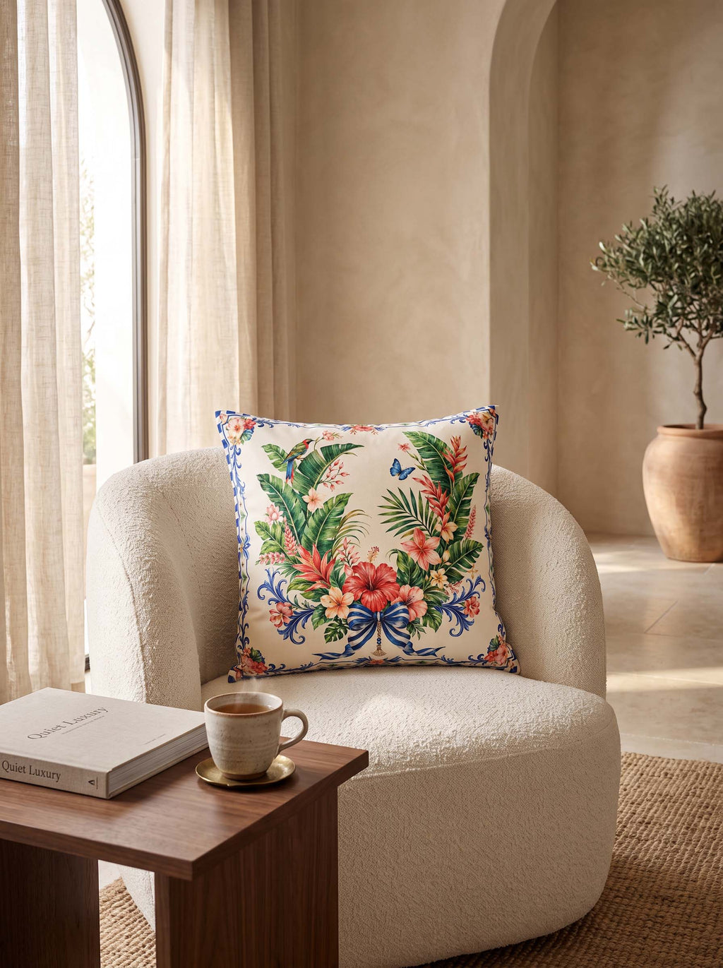 A square decorative throw pillow with a vibrant tropical floral and bird pattern sits on a cream boucle armchair in a warm, sunlit room. A wooden side table with a coffee cup and book is in the foreground.