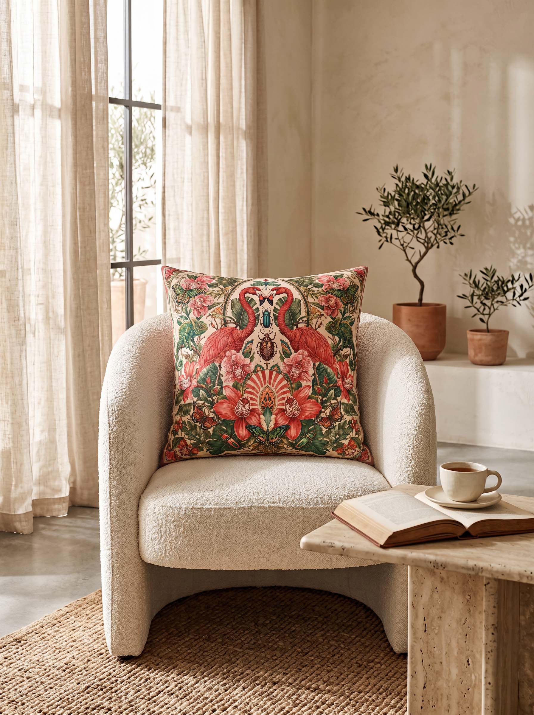 A decorative square throw pillow with a vibrant pink flamingo and floral pattern, resting on a cream boucle armchair in a warm, sunlit room.