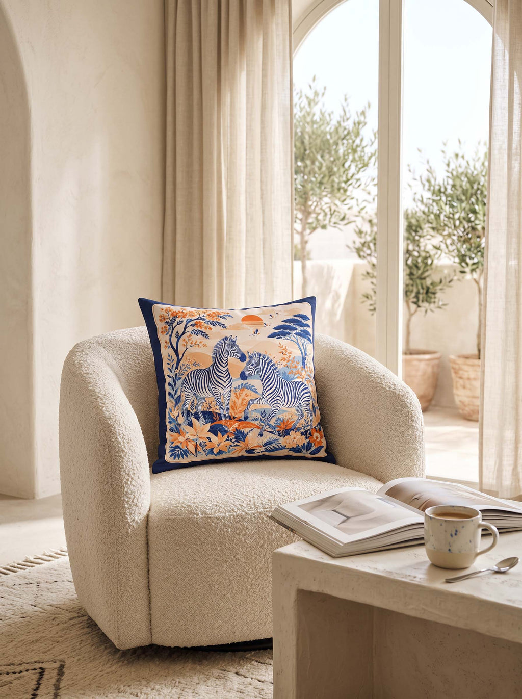 A decorative square throw pillow with a blue and orange zebra print sits on a cream boucle armchair in a bright, modern room with a stone side table and large windows.