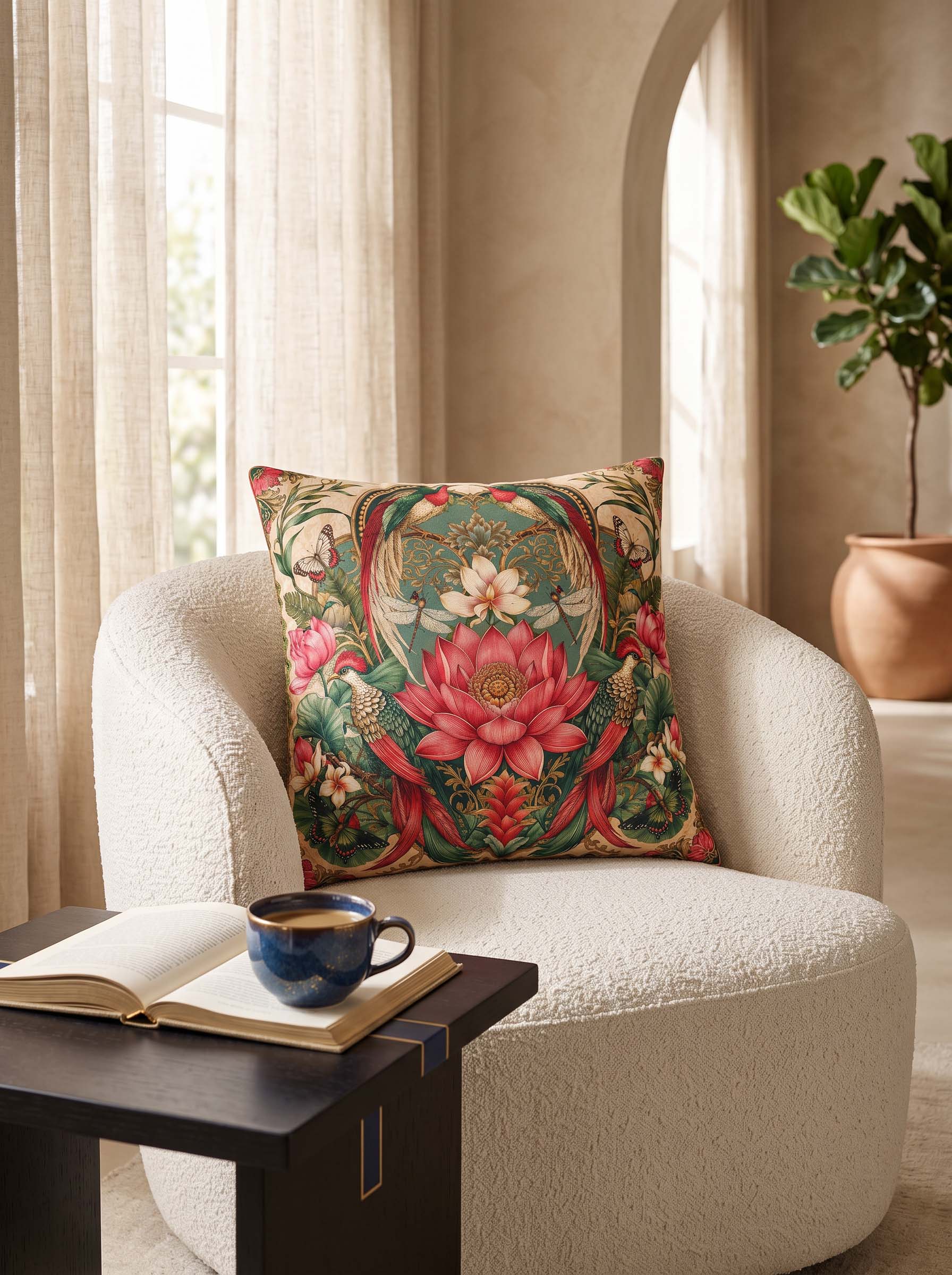 A square decorative throw pillow with a detailed floral and botanical print in pink, green, and gold, styled on a cream boucle armchair in a warm, sunlit room.