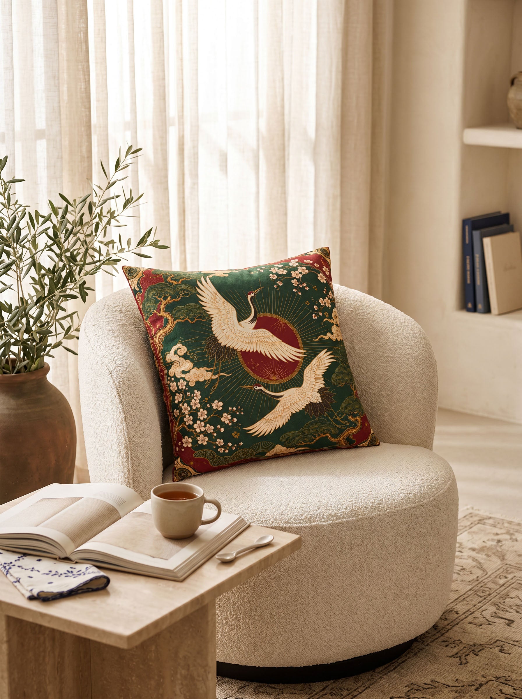 A decorative square throw pillow with a traditional Japanese-style print of white cranes on a green background with a red sun, resting on a cream-colored armchair in a softly lit room.