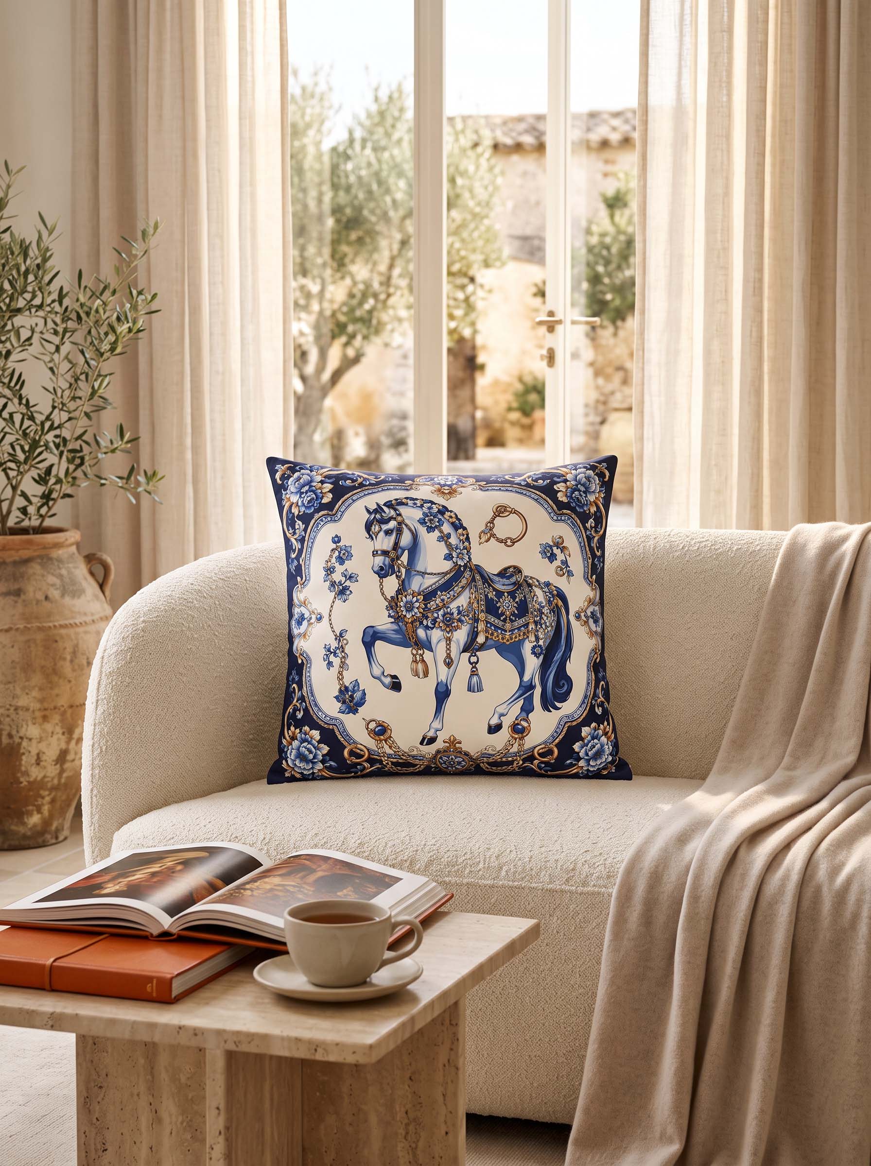 A square decorative throw pillow with a blue and gold horse pattern on a cream background, styled on a beige armchair in a sunlit living room.