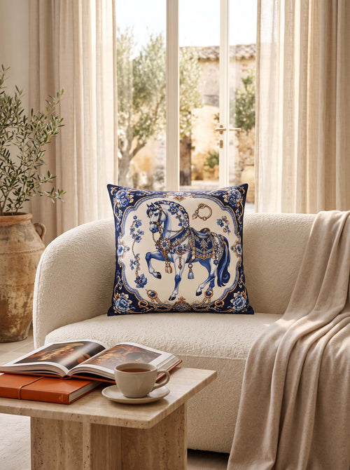 A square decorative throw pillow with a blue and gold horse pattern on a cream background, styled on a beige armchair in a sunlit living room.