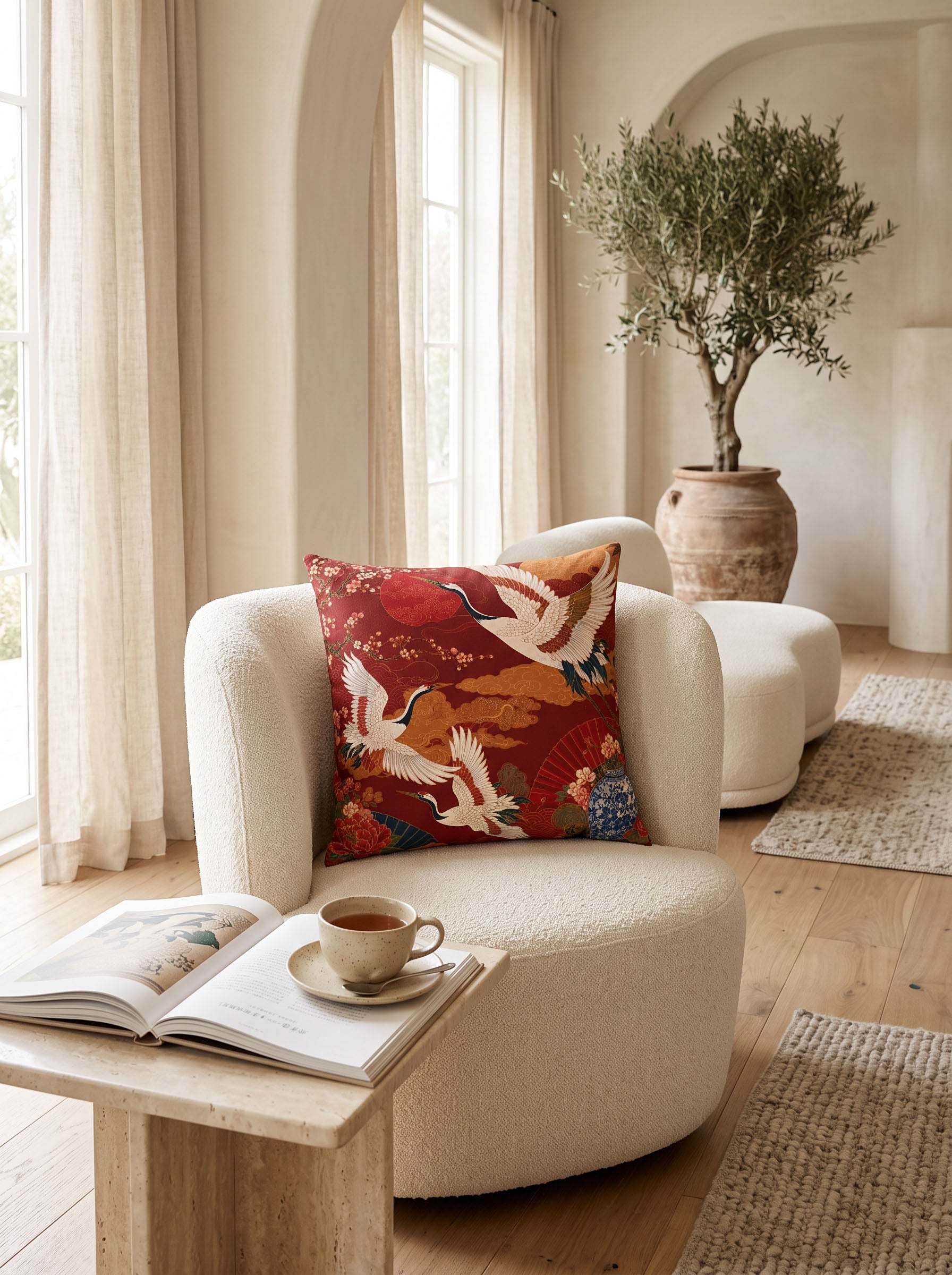 A decorative throw pillow with a red, orange, and white crane pattern rests on a cream bouclé armchair in a bright, modern living room with a wooden coffee table and an open book.