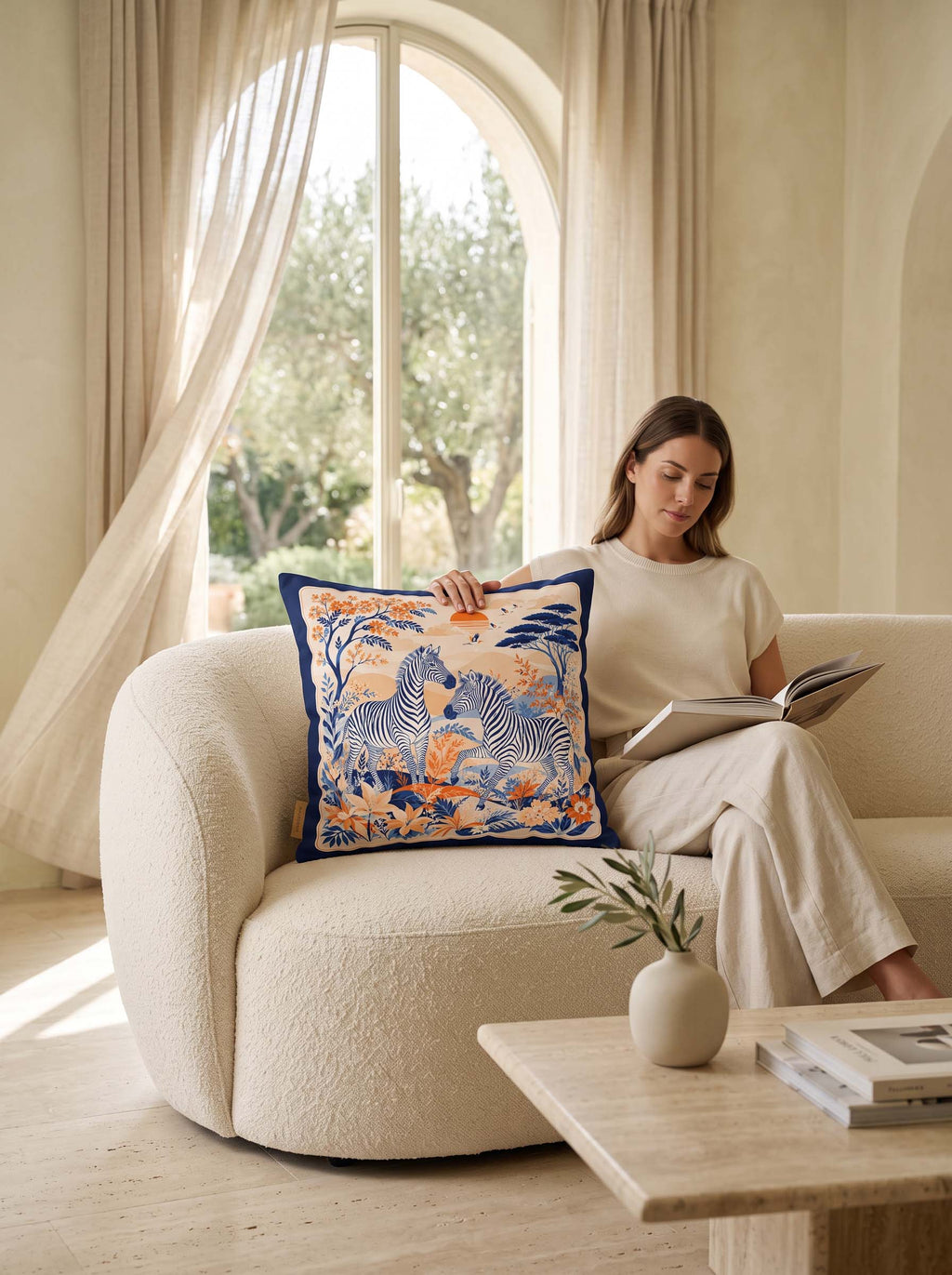A woman sits on a cream boucle sofa in a bright, sunlit room, holding a decorative square throw pillow. The pillow features a blue border and an intricate pattern of blue and orange zebras, birds, and foliage.
