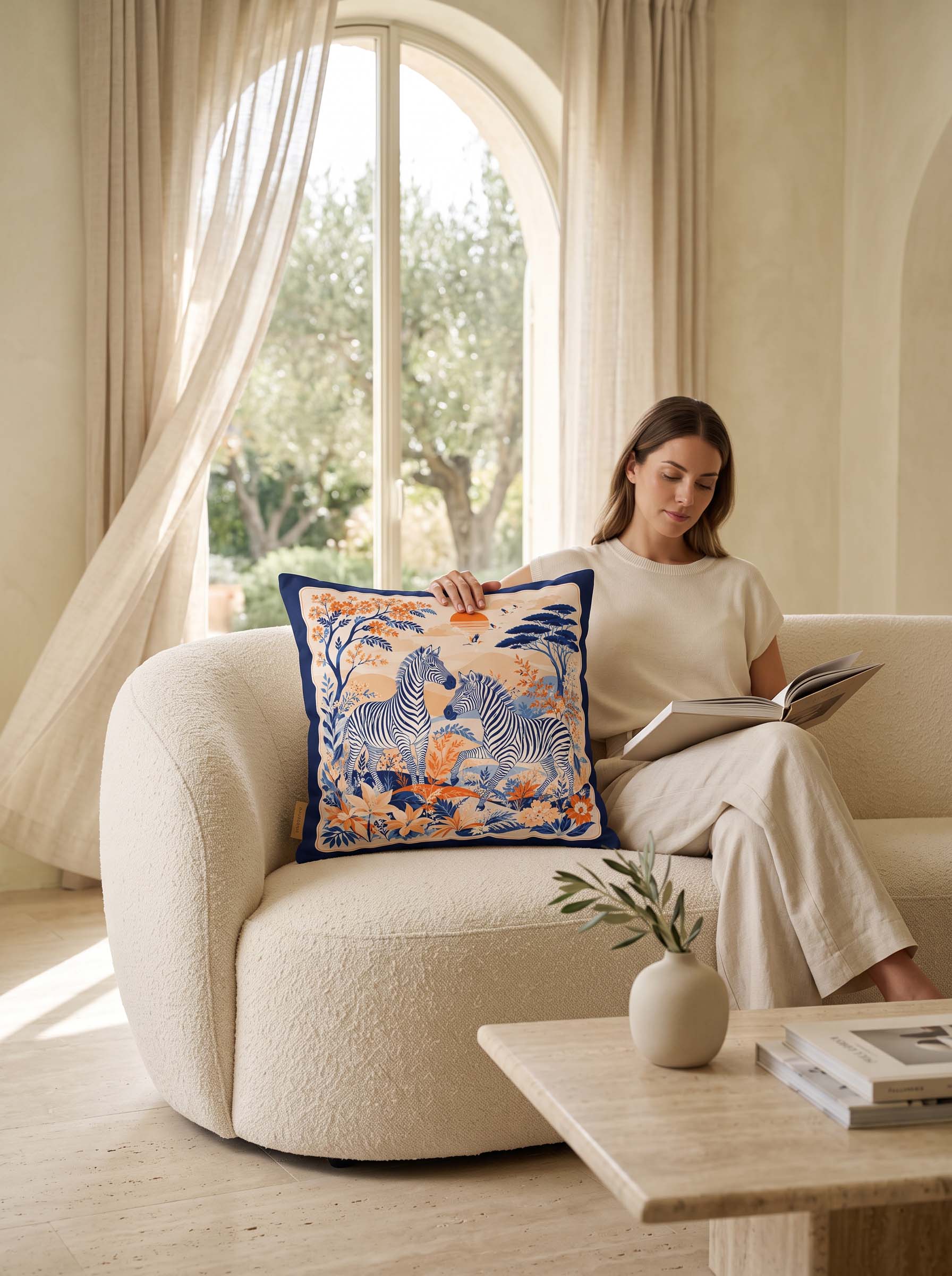 A woman sits on a cream boucle sofa in a bright, sunlit room, holding a decorative square throw pillow. The pillow features a blue border and an intricate pattern of blue and orange zebras, birds, and foliage.