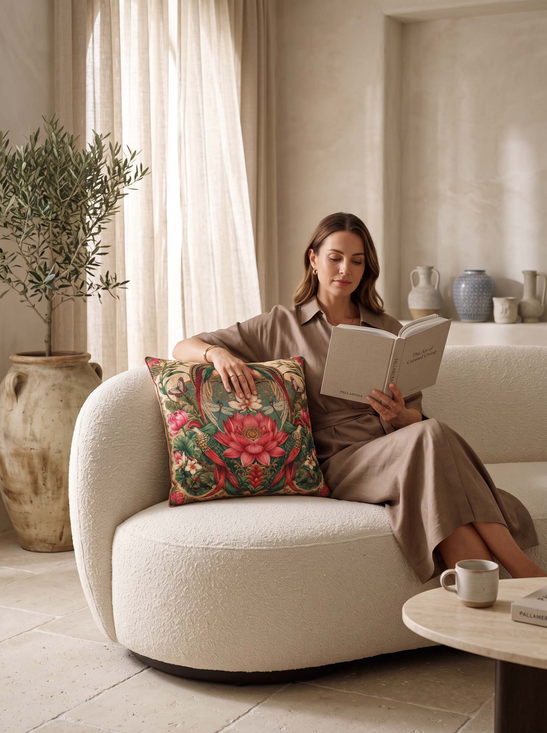 A woman sits on a cream boucle sofa in a sunlit neutral room, reading a book while holding a floral throw pillow. A small round table with a mug is in the foreground, with a potted olive tree and ceramic vases in the background.