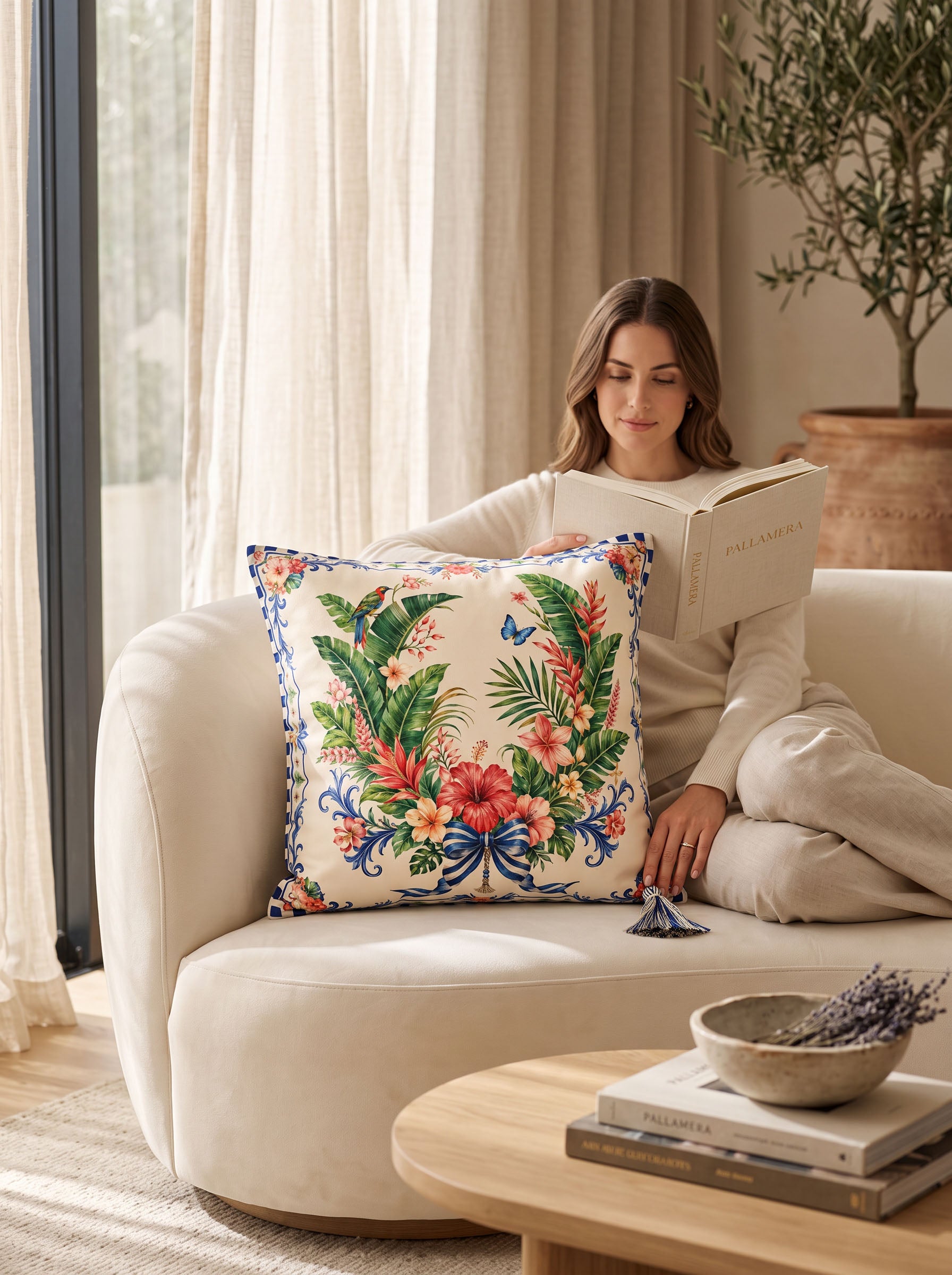 A woman sits on a cream sofa reading a book, with a decorative square throw pillow featuring a colorful tropical floral print in front of her. The scene is set in a bright, modern living room with sheer curtains, a wooden coffee table, and a potted plant.