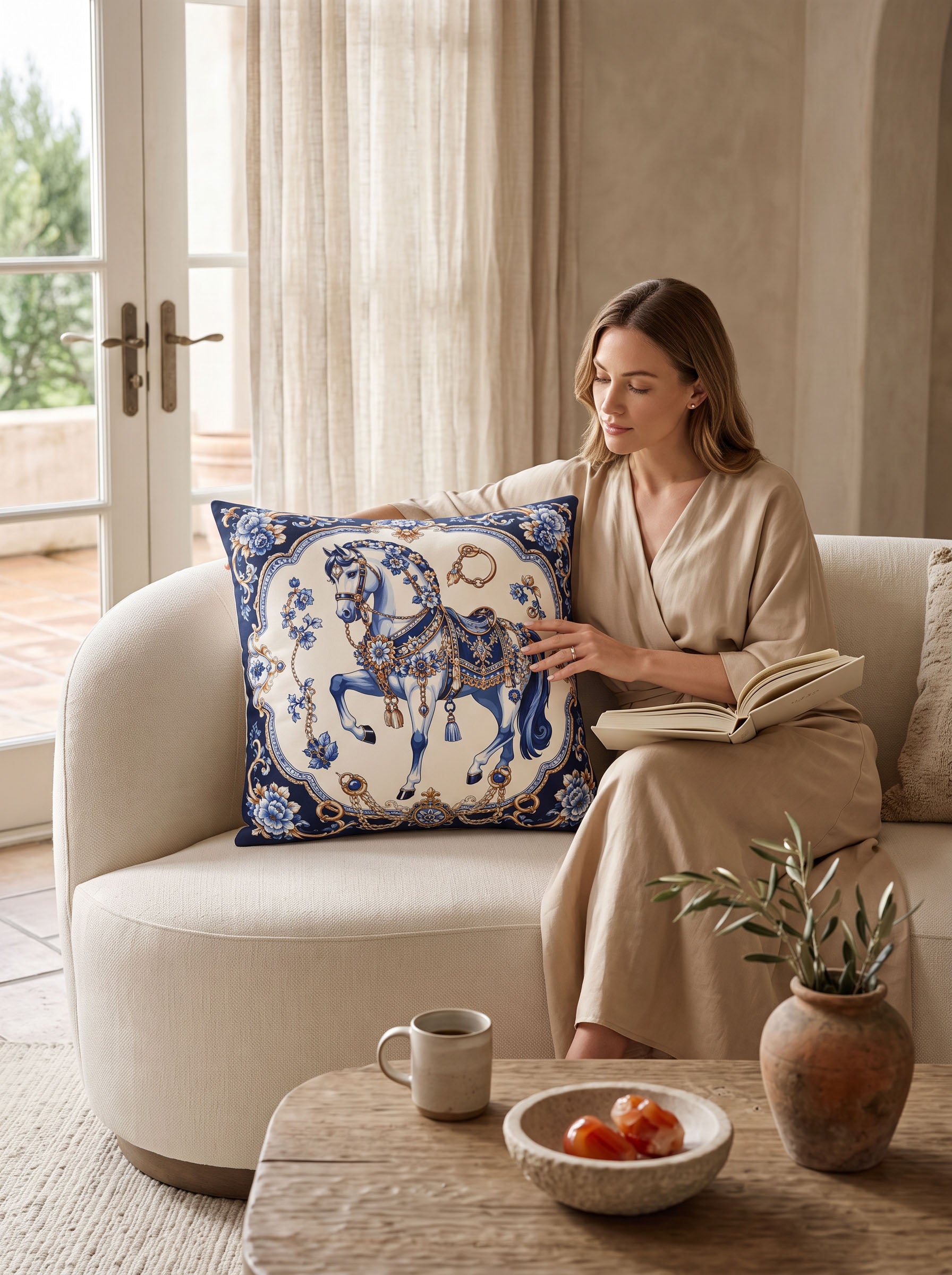 A woman sits on a cream-colored sofa in a bright, modern living room, holding a decorative square throw pillow. The pillow features a classic blue and cream silk-style pattern with a horse and medallion details.