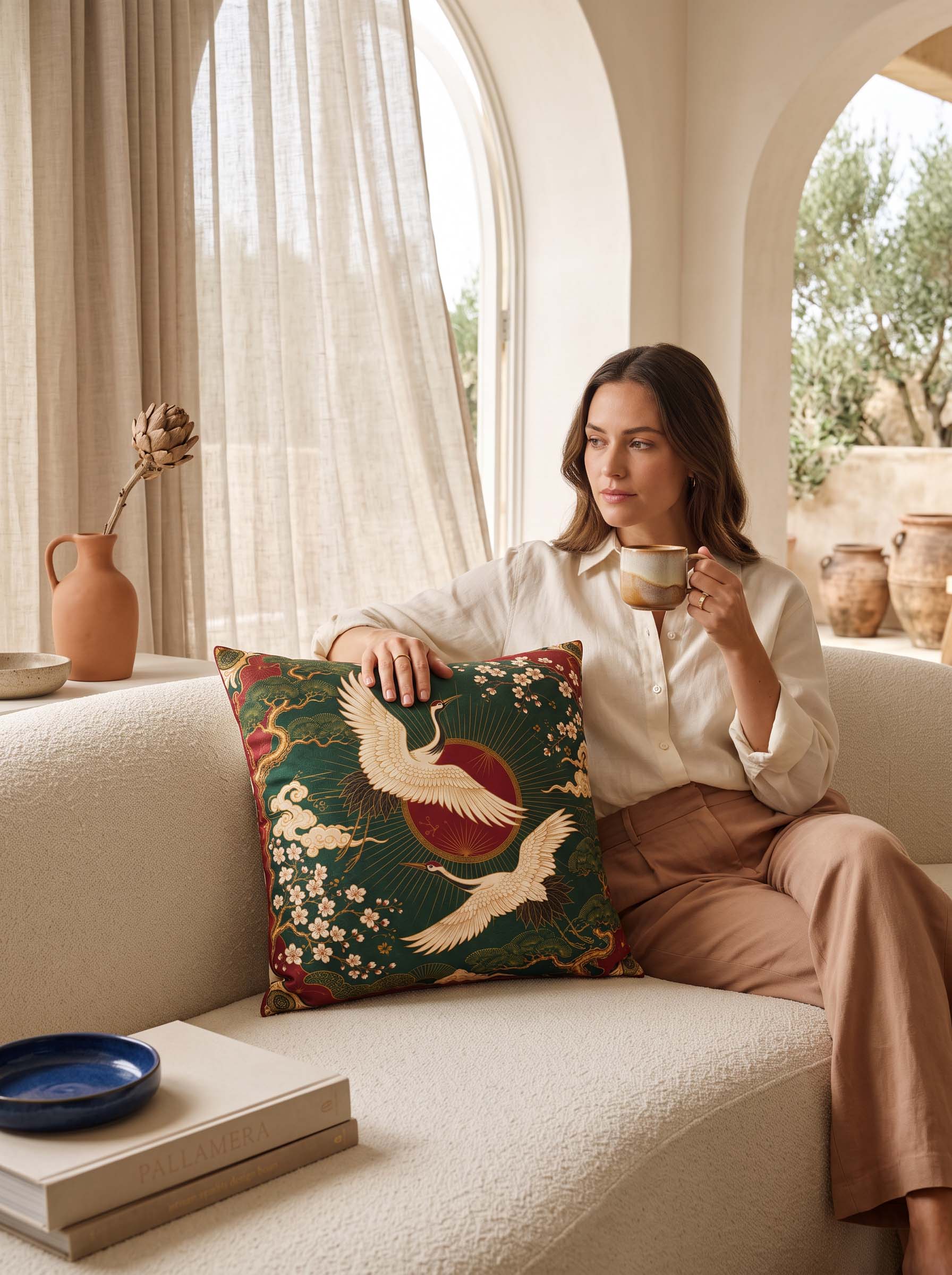 A woman sits on a cream bouclé sofa in a warm, sunlit room, holding a ceramic cup beside a decorative throw pillow. The pillow features an intricate green and red design with white cranes and cherry blossoms.
