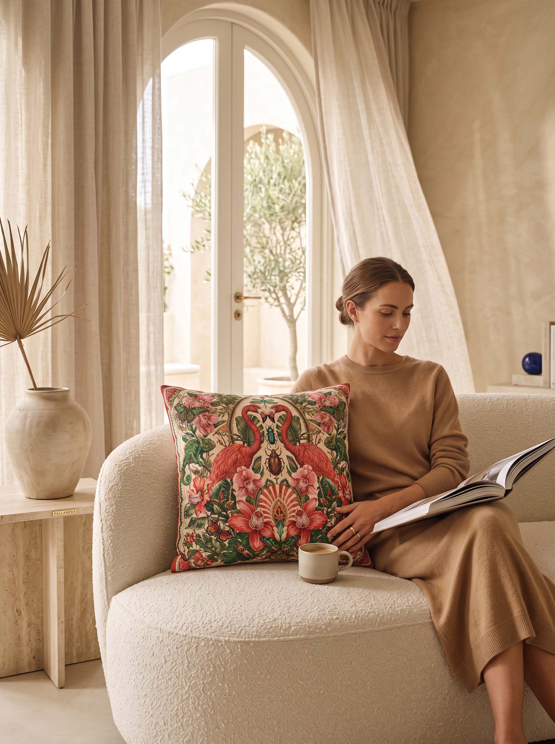 A woman in a beige dress sits on a cream boucle armchair in a warm, sunlit room, reading a book while holding a decorative throw pillow with a colorful tropical bird and floral pattern.