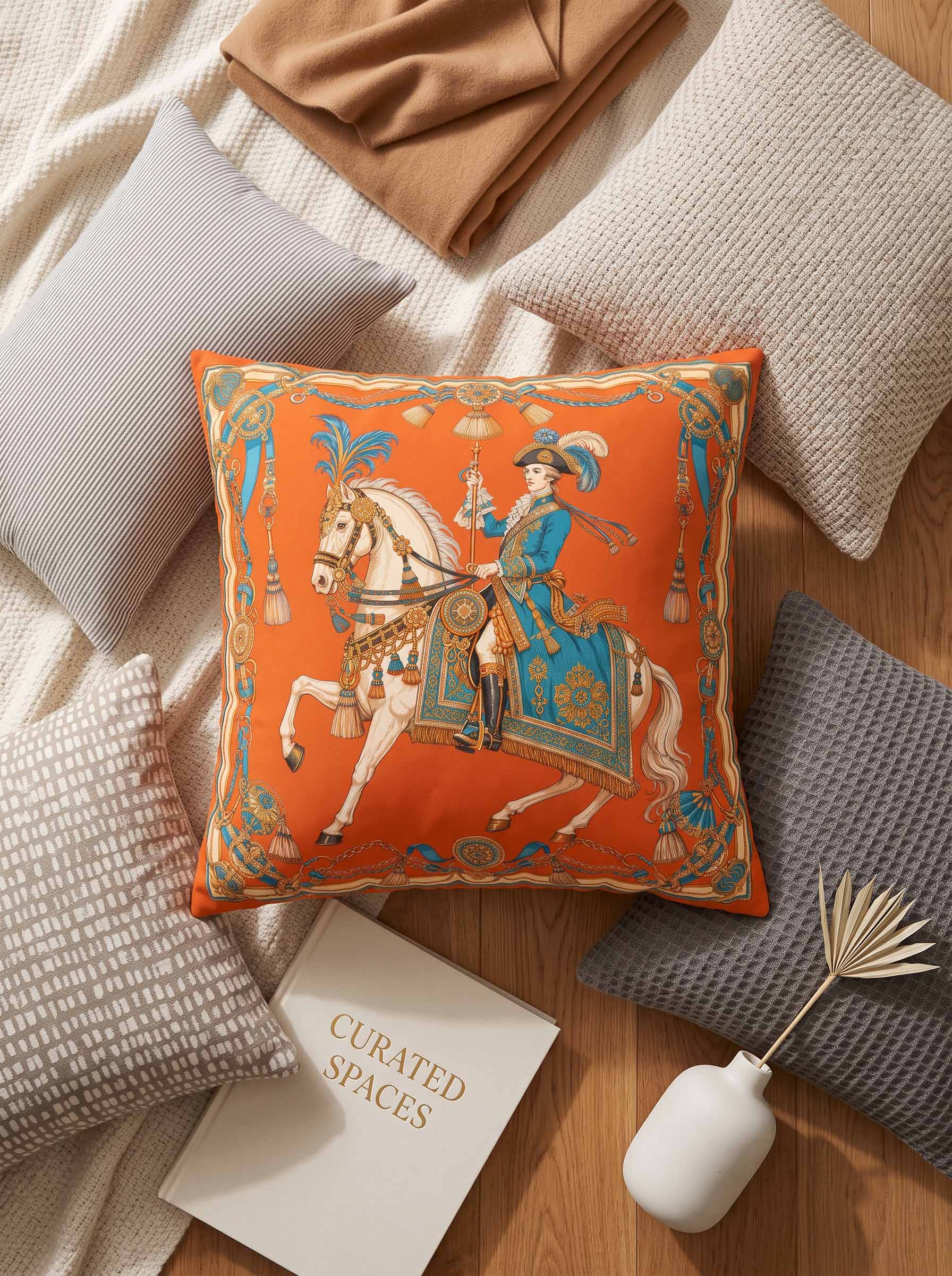 An orange square throw pillow with a detailed vintage equestrian illustration, styled in a cozy home environment surrounded by neutral-colored pillows, a folded brown blanket, a book, and a small white vase on a wooden floor.