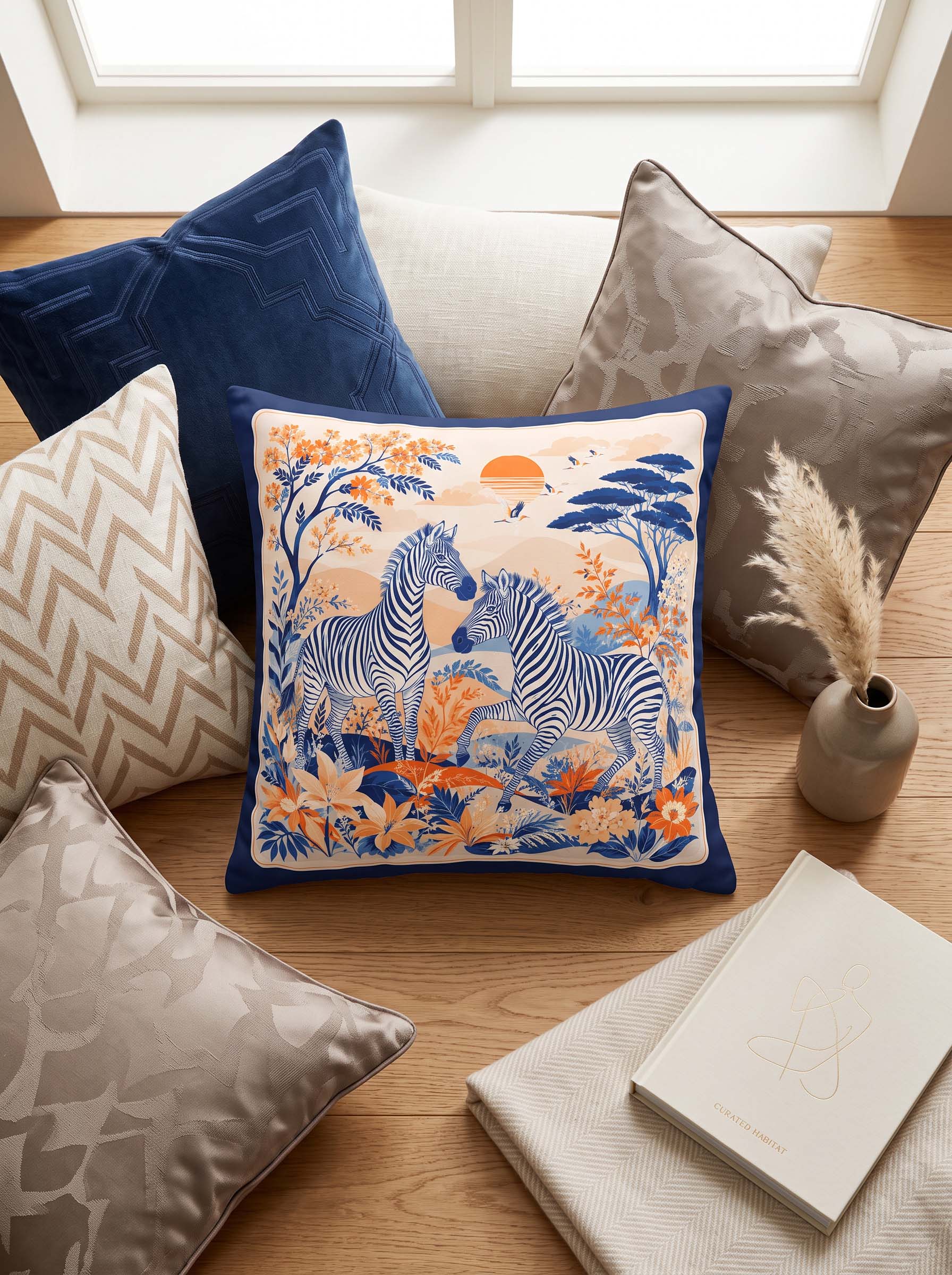A square decorative throw pillow with a colorful zebra safari print is styled on a wooden floor among other neutral-toned cushions, a small vase with dried grass, and a book near a window.