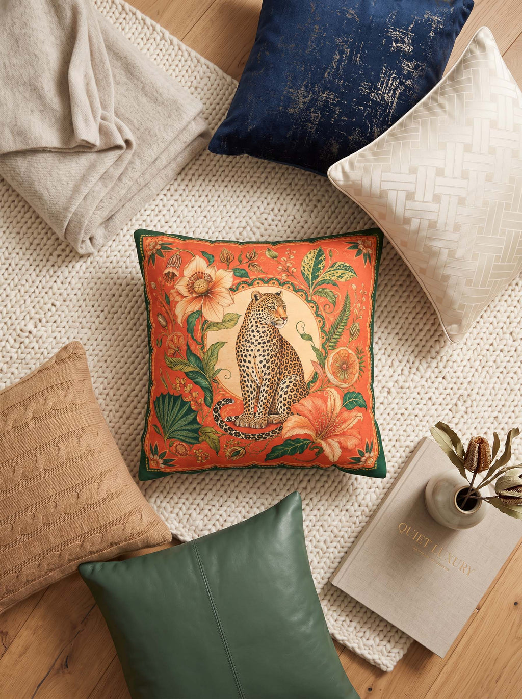 A square decorative throw pillow with a vibrant orange background, green border, and a central leopard illustration surrounded by floral motifs, styled in a cozy home setting with other pillows, a knit blanket, and a book on a wooden floor.
