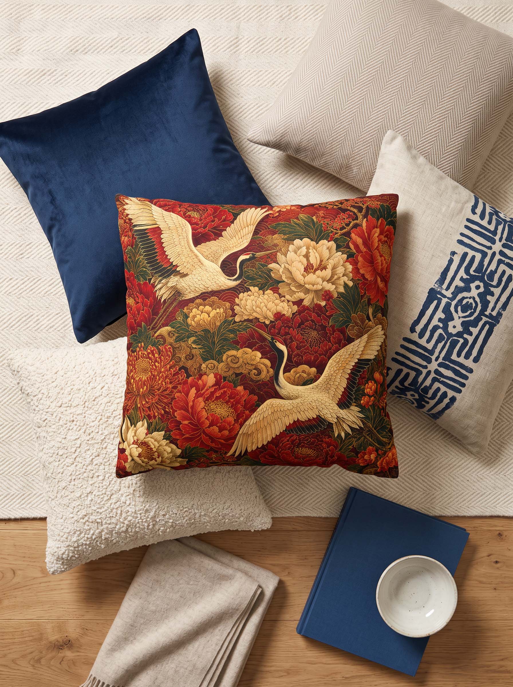 A square decorative throw pillow with a detailed tapestry-style print of cranes and red peonies, styled on a beige textured blanket with other pillows and home accessories.