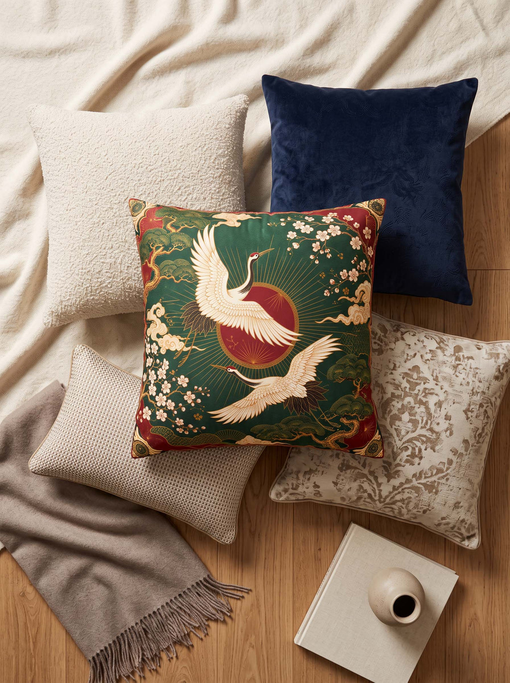 A styled flat-lay of decorative throw pillows on a wooden floor with a cream blanket and throw. The central featured pillow has a green background with a red sun and two white cranes, surrounded by other neutral-toned pillows.