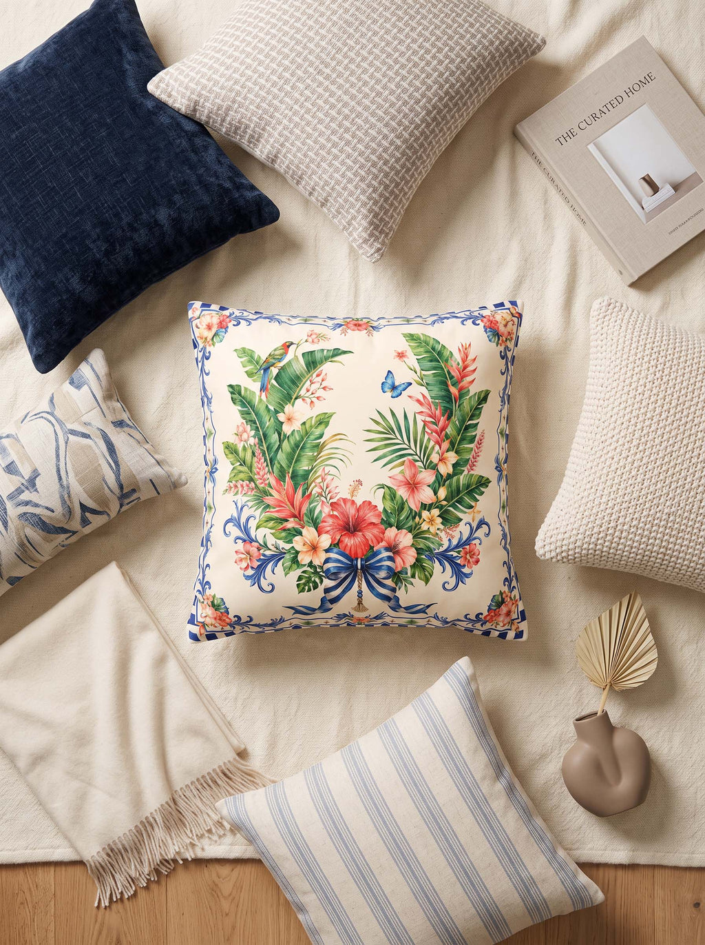 A styled flat-lay of decorative throw pillows on a cream blanket over a wood floor. The central product is a square cream pillow with a colorful tropical floral and leaf print, surrounded by other neutral-toned pillows and home decor props.