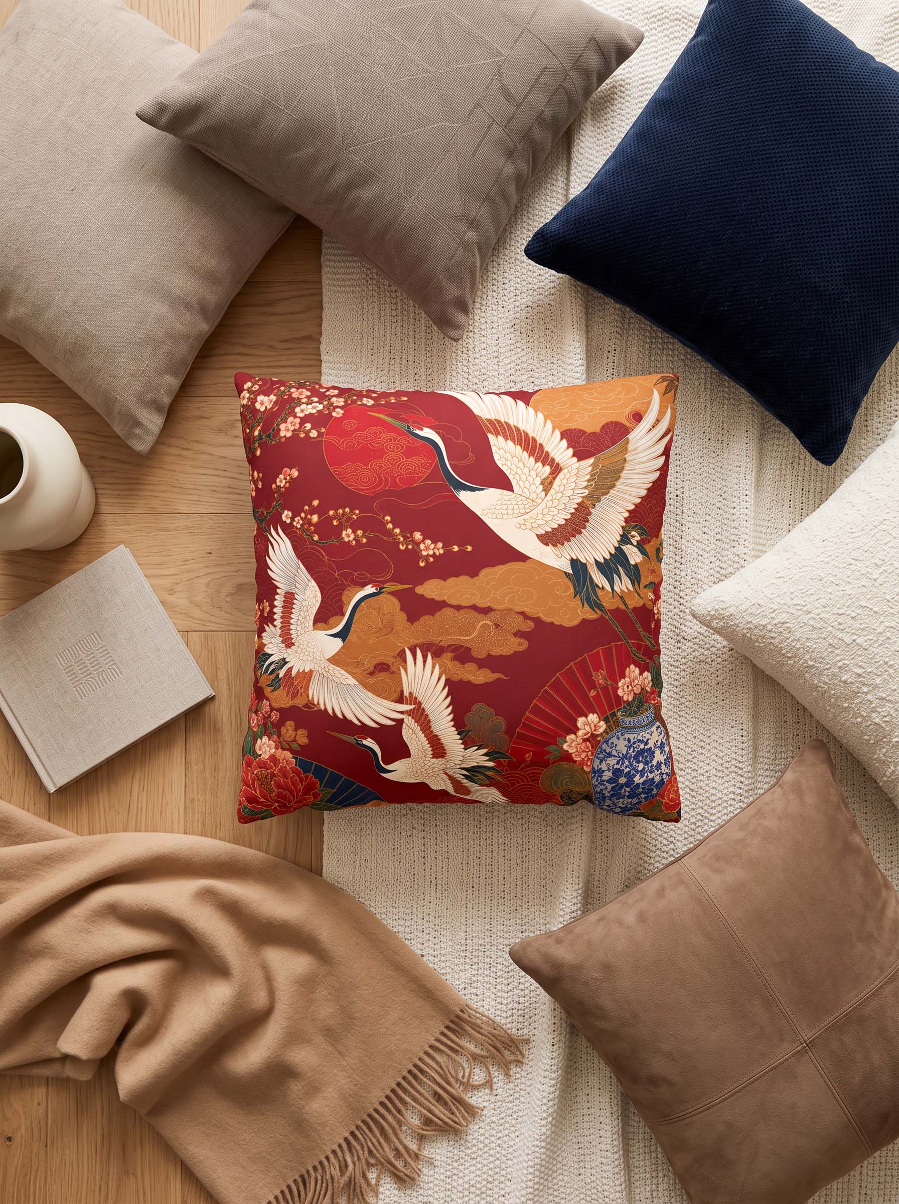 A decorative square throw pillow with a red and orange cranes print is styled in a flat lay on a cream textured blanket, surrounded by other neutral-toned pillows and a beige throw blanket.