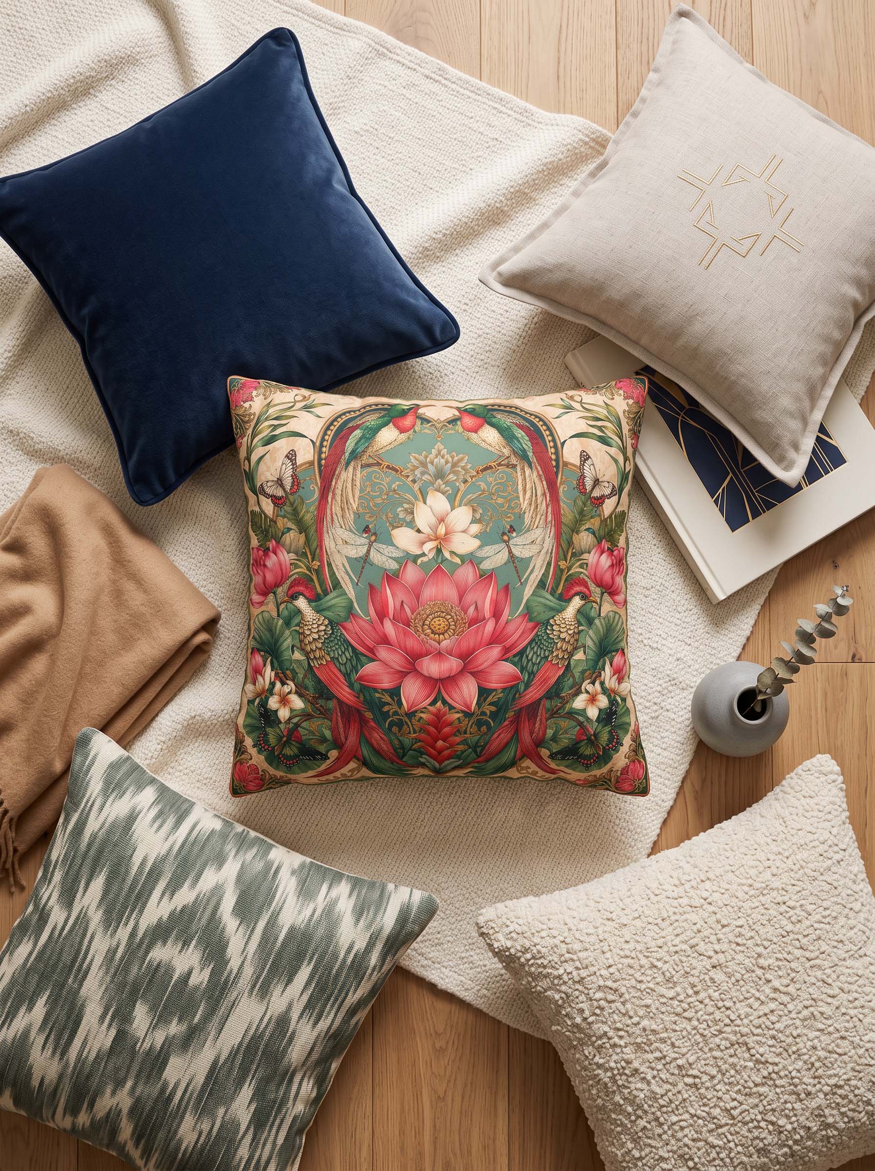A styled flat-lay of multiple decorative throw pillows on a cream blanket over a light wood floor. The central pillow features a detailed botanical and floral pattern with pink lotus flowers, green leaves, and a teal background.