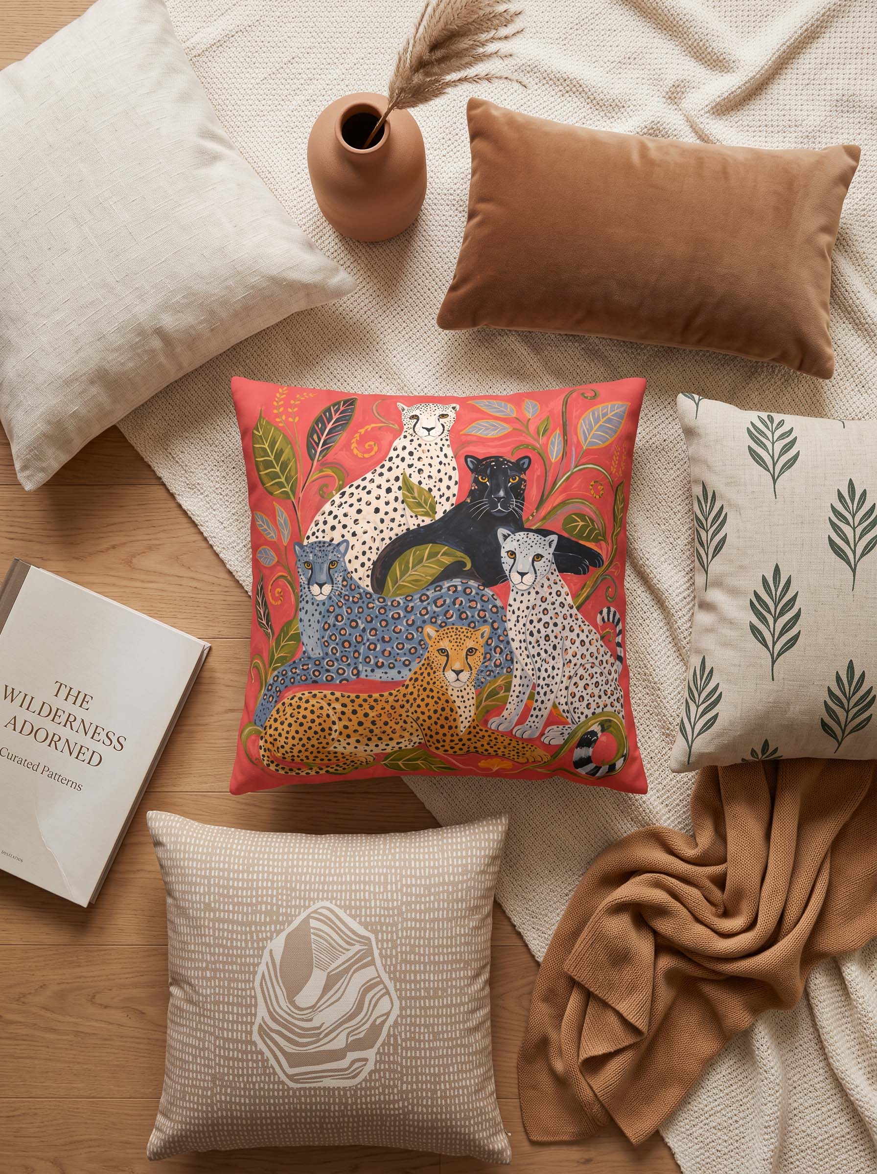 A styled flat-lay of decorative throw pillows on a wood floor with neutral textiles and props. The central product is a square pillow featuring a colorful safari-style illustration of spotted cats and a leopard on a coral-red background.