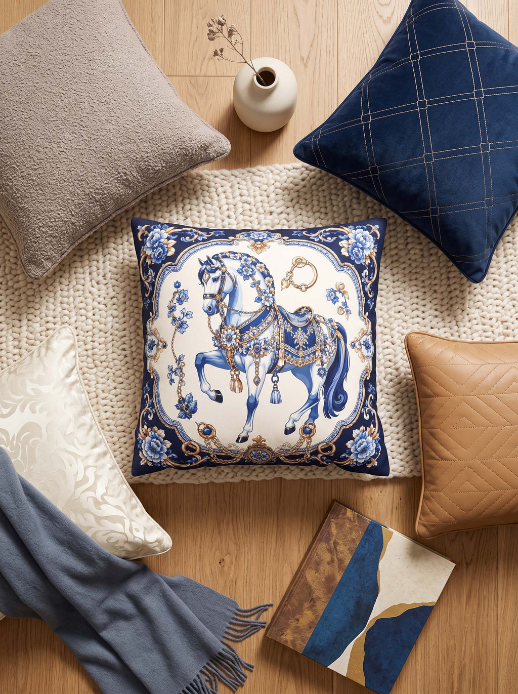 A square decorative throw pillow with a blue and white horse illustration and gold detailing, styled on a cream knit rug with other home decor items including a navy plaid pillow, a beige textured pillow, a tan quilted pillow, a blue scarf, and a small vase on a wooden floor.